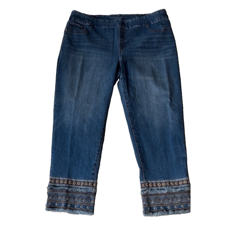 CHICO'S size 4R (20R) Blue Stretch Denim Pull-On Jegging Beaded Ankle Jeans